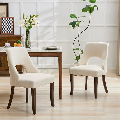 UVV Wooden Dining Chairs Set of 2, Mid Century Modern Fabric Upholstered Dining Room Chair Kitchen Chairs, Farmhouse Dinner Chair with Solid Wood Legs for Kitchen Dining Room, Beige