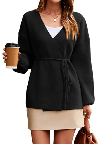 Saodimallsu Womens Wrap V Neck Cardigan Sweaters Tie Front Long Sleeve Soft Knit Dressy Work Fall Sweater Blazer Black