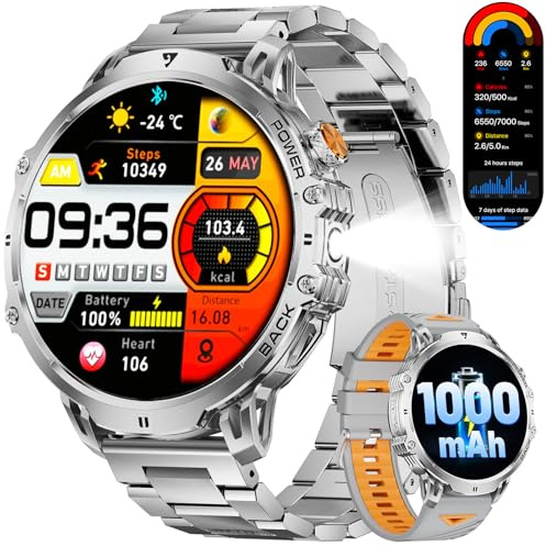 LIGE Smartwatch Uomo, Smartwatch Militare Uomo Fitness con Chiamate Bluetooth,1.85 Orologio Intelligente 110+ Modalità Sportive/1000 mAh/Sonno/Torcia per Android IOS, Argento