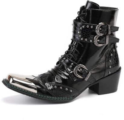 Yhsdfcn Herr Kängor i Svart Läder med Metalltåhätta och Spännen - Hög Topp Biker Stil