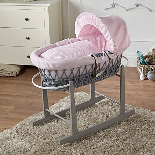 For Your Little One Pink Waffle Grey Wicker Moses Basket with Grey Rocking Stand
