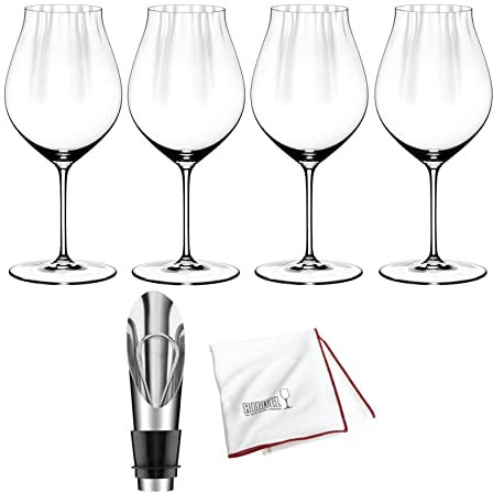 Riedel Performance Pinot Noir Wine Glass (2-Pack) Bundle with Large Microfiber Polishing Cloth and Wine Pourer (4 Items)