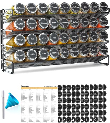 SpaceAid Spice Rack Organizer with 36 Spice Jars, 386 Spice Labels, Chalk Marker and Funnel Set for Cabinet, Countertop, Pantry, Cupboard or Door & Wall Mount - 36 Jars, 17.2 W × 10.8 H, Black
