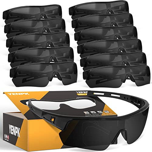 YENPK 12 Pack Tinted Safety Glasses for Men Women, Safety Goggles Impact Resistant, ANSI Z87.1+ UV400 Eye Protection, Anti Scratch Protective Eyewear Mirror Frame Ventilation Design(Dark Grey Lens)