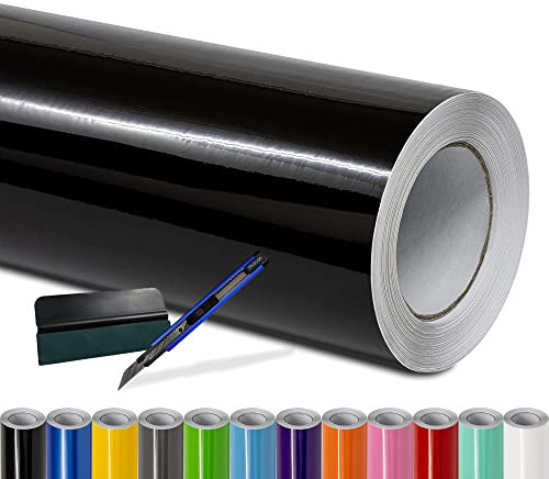 Folindo® Autofolie Schwarz Glanz (23€/m²) - 50 x 152 cm - Selbstklebende Car Wrapping Folie mit Luftkanälen - inkl. Rakel & Cutter - Blasenfreie Auto Folierung - Hochwertige Vinylfolie