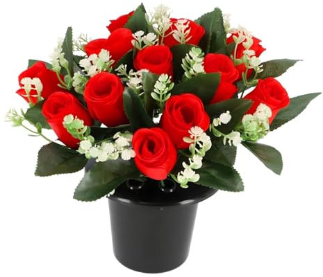 Caliko 25cm Grave Flower Pots with Improved Design | Artificial Flowers for Graves in Pots | 12 Head Red Cemetery Decorative Artificial Flowers for Christmas & Grave decoration.