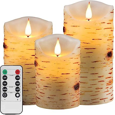Tappovaly LED Candles, Flameless Battery Operated Candles. Flashing Candle with Remote Control and Timer. Set of 3 Real Wax, Used for Home Decoration and Holiday Celebrations (3PACK, Birch Bark)