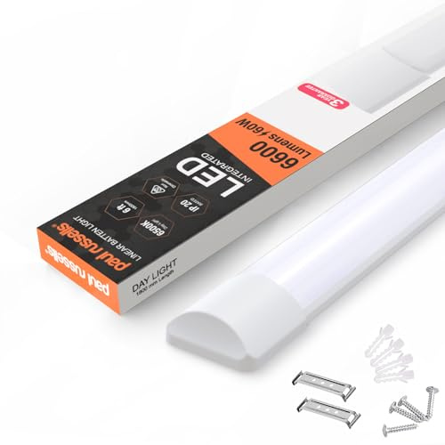 paul russells 6ft LED Batten Light, Ceiling Fitting Tube Light, 6500K Daylight, 60W, 6600 Lumens, Light for Office, Bathroom, Kitchen, Garage, Warehouse Fluorescent Lighting Replacement, 2 Packs
