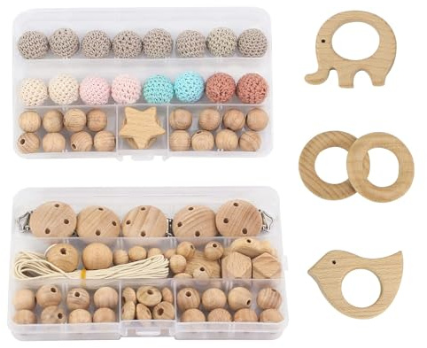 Artlatu Set di 84 perline in legno macramè, 54 pezzi, 16 perline in legno all'uncinetto, 20 mm, 5 clip in legno, per gioielli fai da te, artigianato macrame