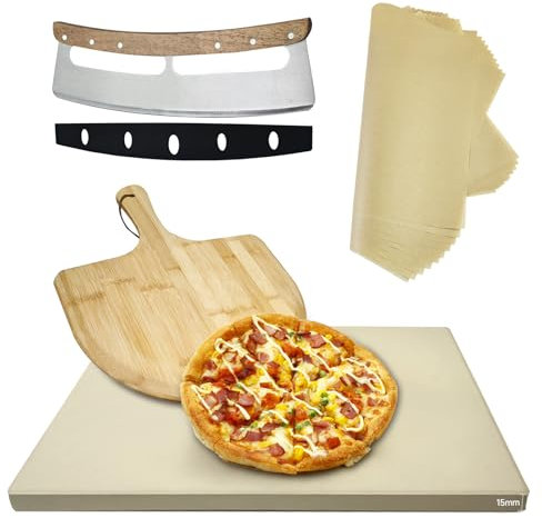 Rechteckiger Pizzastein, 4 Sets, 30,5 x 38,1 x 1,5 cm (Eiche), Pizzastein für Ofen und Grill, mit Bambus-Pizzaschieber, Pizzaschneider und 10 Kochpapier, Grillstein, Backstein für Brot, Grill, Grill