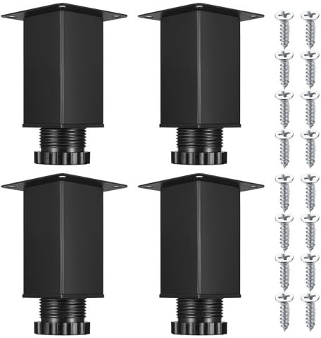 Hmkesoteric 4 Piezas Patas para Muebles Regulables 0-15mm, Patas Regulables para Muebles, Pies Niveladores, Patas para Muebles Mesa Silla Sofá Cama Pies Patas, con 16 Tornillos, Negro/38x80mm