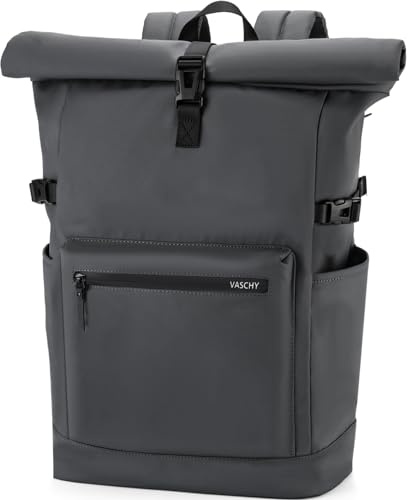 VASCHY Sac à Dos Roll Top, Grand Antivol Sac a Dos Homme Femme Voyage pour Ordinateur 15,6 Pouces Extensible Résistant à l'Eau Cartable Ados pour Travail Affaire Randonnée École Gris