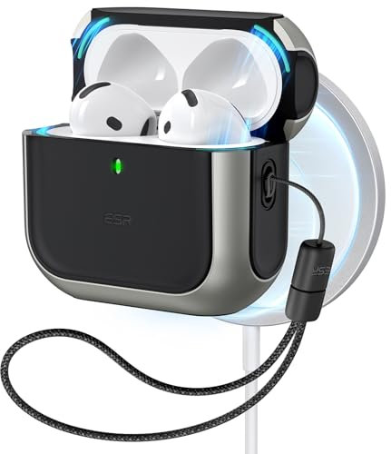 ESR Coque pour AirPods 4, Compatible avec AirPods 4 Gen (2024) (USB-C), Compatible avec MagSafe, Housse de Protection Contre Les Chutes avec Cordon, Couvercle Magnétique, Série Hybride Orbit, Titane