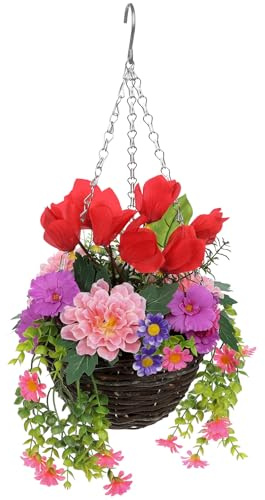 Arborus Konstgjord hängande korg blommor 55 cm falsk siden krysantemum blomma hängande korgar falsk blommig korg med cyklamen blommor dekorativa blomkorgar för uteplats balkong bondgårdsdekor