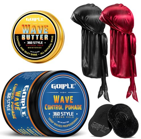 360 Wave Pomade Unguento per Uomo - Hair Butter Set con Spazzola Tascabile, Pennello, Durag Satin e Berretto a Coda Extra Lunga