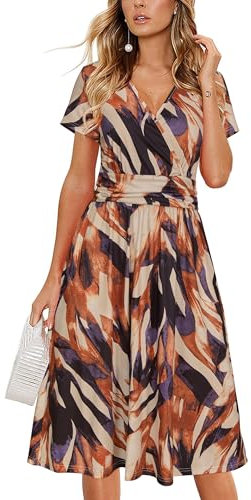 OUGES Women's Summer Midi Dress V-Neck Long/Short Sleeve Floral Ladies Spring Dress with Pockets