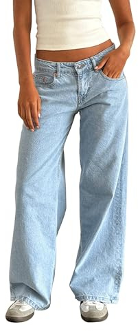 Jean droit à jambes larges pour femmes - Taille basse - Fermeture éclair et bouton - Pantalon en denim uni style boyfriend avec poches - Streetwear, bleu clair, M