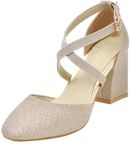 HSyc JRX dam glitterpumps med ankelrem och 7 cm blockklack höga klackar remmar skor, Guld, 35 EU