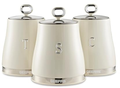 GEEPAS Retrovive 3-Piece Tea Coffee Sugar Canisters Set | 1.4L Airtight Stainless Steel Lids & Durable Carbon Steel Body | Kitchen Storage Canisters Keeps Contents Fresh Aromatic & Flavourful | Cream