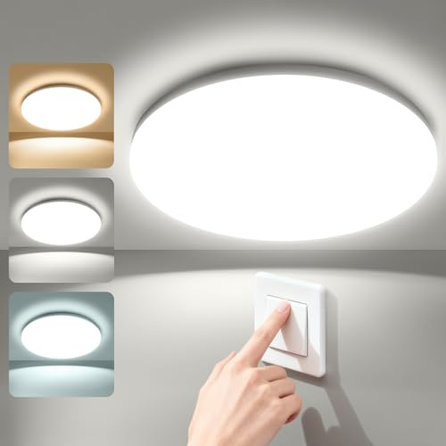 genatu Taklampa Badrumslampa Ø22cm Rund 17W 3000lm, 3000K/4000K/6500K 3CCT Väggbrytare, IP65 Vattentät CRI>80 utan Flimmer för Kök, Hall, Garage