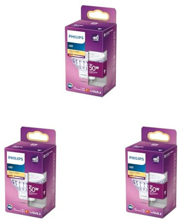 Philips - Bombilla LED Spot Foco 50W, GU5.3, 36 Grados Apertura, Luz Blanca Cálida, No Regulable (Paquete de 3)