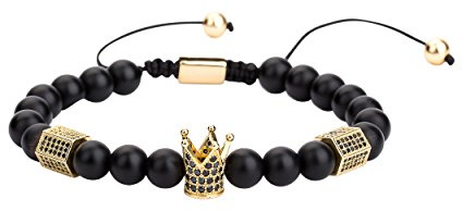 JOYA GIFT 8mm Black Matte Onyx Beads Gold King Crown Braided Bracelet for Men with CZ Charm