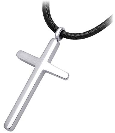 555Jewelry Collana con croce in acciaio inossidabile da uomo, collana con croce da 45,7 a 61 cm, impermeabile, regolabile, corda in pelle nera, 24 inches, Acciaio inossidabile, Non pietra preziosa