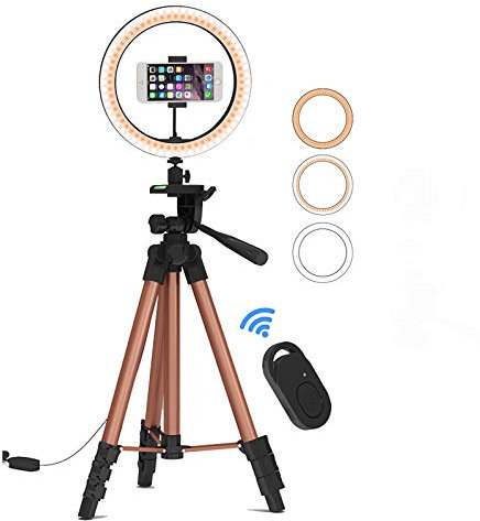 ZXCVASDF 10'' Ring Light with 50'' Extendable Tripod Stand, Circle Lights with Phone Holder for Live Broadcast Makeup YouTube Video, Compatible with IOS/Android