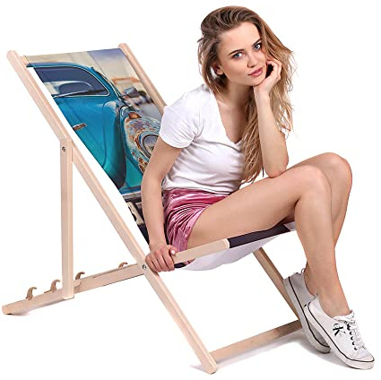 DreamRoots Liegestuhl Klappbar Holz aus Buchenholz, bis 130 kg belastbar, 3-Fach verstellbare Rückenlehne, waschbarer Polyesterbezug