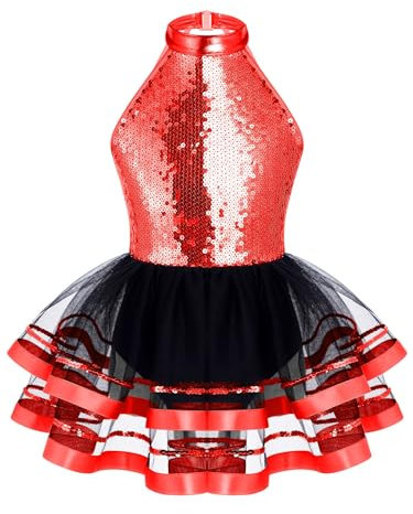 Mufeng Girls Sequins Ballet Dress Dance Costume Sleeveless Shiny Glitter Sequins Backless Ballerina Tutu Skirt Tracksuit Red 11-12 Years