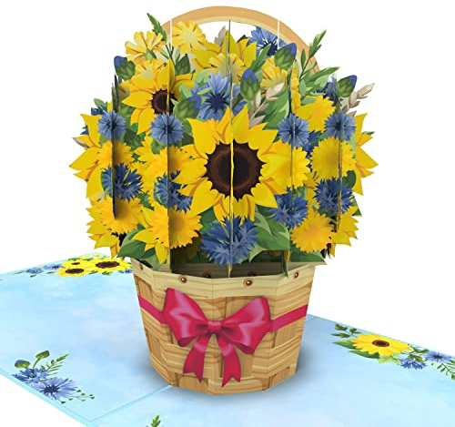 MOKIO® Tarjeta de Flores Pop-Up – Cesta de Flores con Girasoles – Tarjeta de felicitación 3D para un cumpleaños, jubilación o como cupón, Tarjeta de regalo emergente con sobre