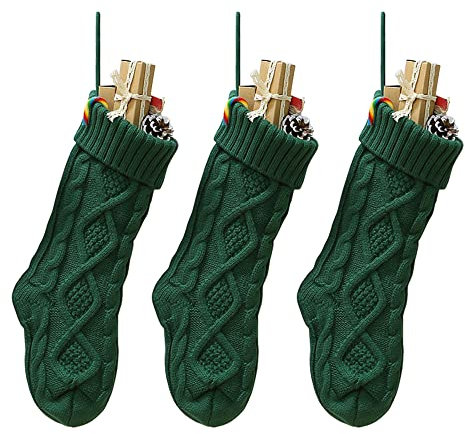 YUEWO 46cm Christmas Stockings Burgundy Ivory Green Knitted Pattern Large Fireplace Hanging Stockings Decoration Use 3 Pack(Green)