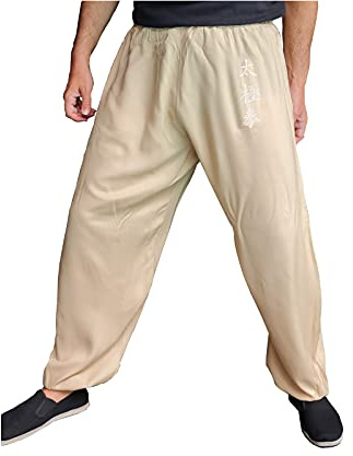 Pantalones Tai Chi de corte holgado para hombre y mujer, niño, pantalones de yoga Qigong abiertos en los tobillos, Beige Tai Chi, XL
