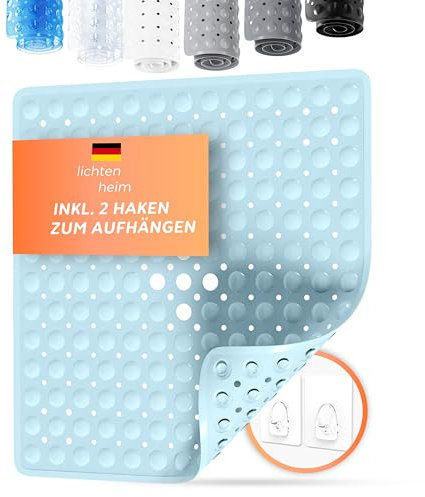 LICHTENHEIM Duschmatte rutschfest Sensitiv 53x53 cm - INKL 2 Haken - Badewannenmatte rutschfest - Antirutschmatte Badewanne BPA frei - Badematte schimmelresistent & waschbar (Hellblau)