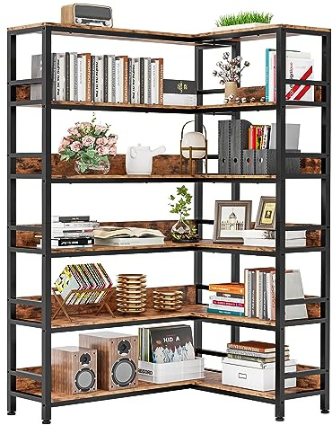 IRONCK Corner Bookshelf 6 Tiers, Industrial Corner Bookcase with Baffles Etagere, L Shaped Bookshelves with Metal Frame, Corner Shelf Storage Rack for Living Room Home Office