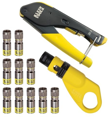 Klein Tools 80151 Coax Cable Compression Crimper and Stripper Set with 10-Pack of RG6/6Q F-Connectors for Fast and Reliable Installation, 3-Piece