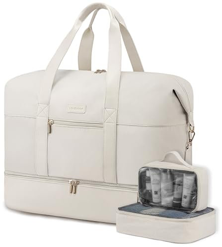 LOVEVOOK Weekender Reisetasche Damen, Sporttasche Handgepäck Tasche 45x36x20, Groß Kliniktasche Geburt, Travel Bag Duffle Bag mit Kulturtasche Schuhfach für Flugzeug Reisen, Beige