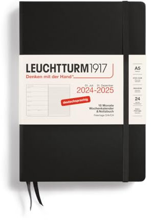 LEUCHTTURM1917 370613 Wochenkalender & Notizbuch Medium (A5) 2025, 18 Monate, Schwarz, Deutsch
