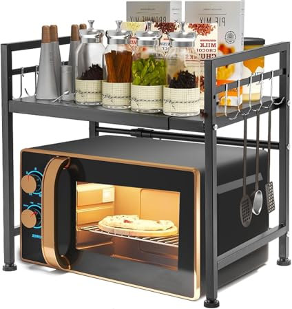 Henmeili Mensola Microonde Estensibile 40-65 cm, Regolabile Due Livelli Microonde Scaffale, Acciaio Carbonio Ripiano Contatore Cucina Organizzatore Ripiani, 6 Ganci, Carico Pesante 60lbs (Nero)