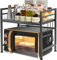 Henmeili Mensola Microonde Estensibile 40-65 cm, Regolabile Due Livelli Microonde Scaffale, Acciaio Carbonio Ripiano Contatore Cucina Organizzatore Ripiani, 6 Ganci, Carico Pesante 60lbs (Nero)