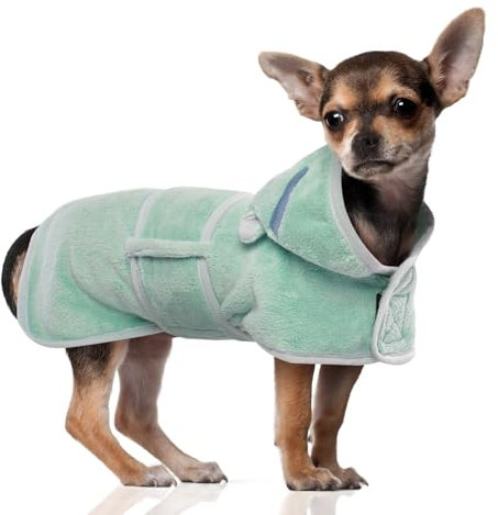 DENTRUN Bademantel für Hunde Klettverschluss am Kragen der Kleine Hunde Bademantel mit Hut hundehandtuch Dog Bathrobe Welsh Corgi Meer Schwimmen (Grün,S)