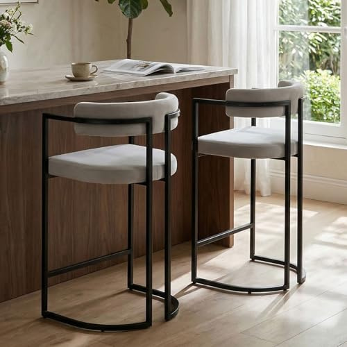 chairus Kitchen Stools Velvet Set of 2 Bar Stools Breakfast Modern Counter Height High Stool with Metal Frame (Gray)