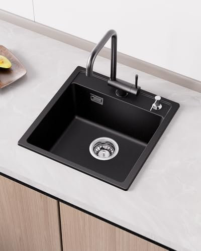 ANYCEE Noir Évier Cuisine 45x46 cm, 80% Sable Quartz Évier Cuisine avec Siphon pour Meubles Bas à Partir 45 cm Largeur