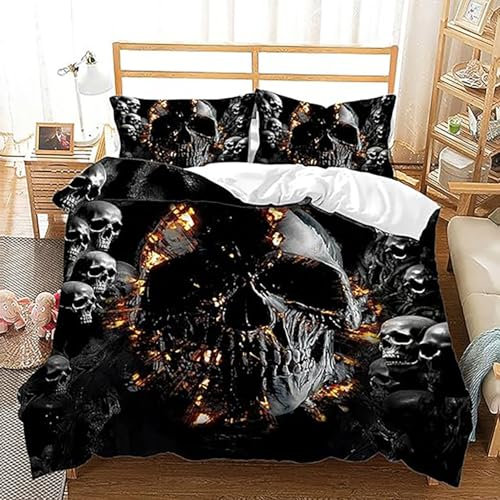 ZZTBQ Totenkopf schwarz Bettwäsche 200x200 3D Black Skull Gothic Style Bettbezug 200x200 Schädel Muster Gothic Mikrofaser Bettbezug 200x200 cm + 2 Kissenbezüge 80x80 cm mit Reißverschluss