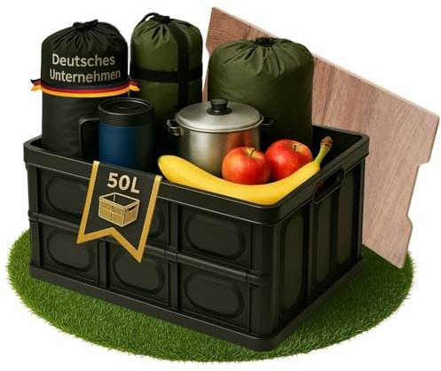 Coemo Faltbare Camping-Box Schwarz, 52x35x29 cm, 50L, Klappbar, Stapelbar, Robust, Wasserdicht, Ideal für Camping, Auto, Haushalt & Outdoor - Vielseitig, Platzsparend & Leicht Transportierbar