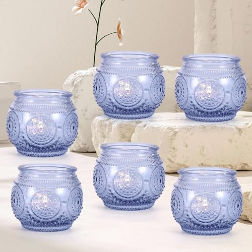 Viitech Lot de 6 photophores en verre - Style rétro - Bleu - 6,5 x 5,5 cm - Pour table - Décoration de table de mariage - Décoration d'intérieur