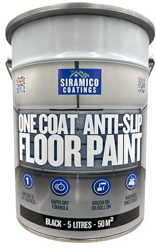 SIRAMICO COATINGS One Coat Anti-Slip Floor Paint | 5 Litres | 5 Modern Colours I Waterbased, Quick Drying Formula | White, Black, Greys (Black, 5 Liters)
