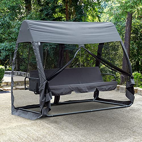 Outsunny Balancín de Jardín de 3 Plazas Convertible en Cama Columpio Jardín Exterior con Mosquitera Estructura de Metal Carga 300 kg 240x140x197 cm Gris