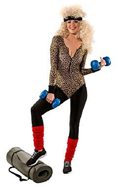 shoperama Sexy Damen Langarm-Body mit Leoparden-Print Leo-Druck 80er Jahre Achtziger Aerobic Gymnastik-Anzug Trash Bad Taste Retro, Größe:S/M