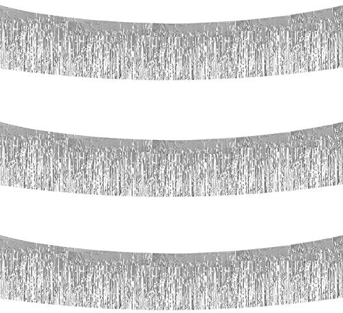 BEISHIDA 3 Packs 30 Feet Metallic Foil Fringe Garland Tinsel Streamers，Shiny Silver Wall Hanging Tinsel Fringe Banners for Wedding Birthday Party Decoration Halloween Christmas New Year